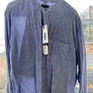 Untuckit Collarless Blue Linen Buttondown